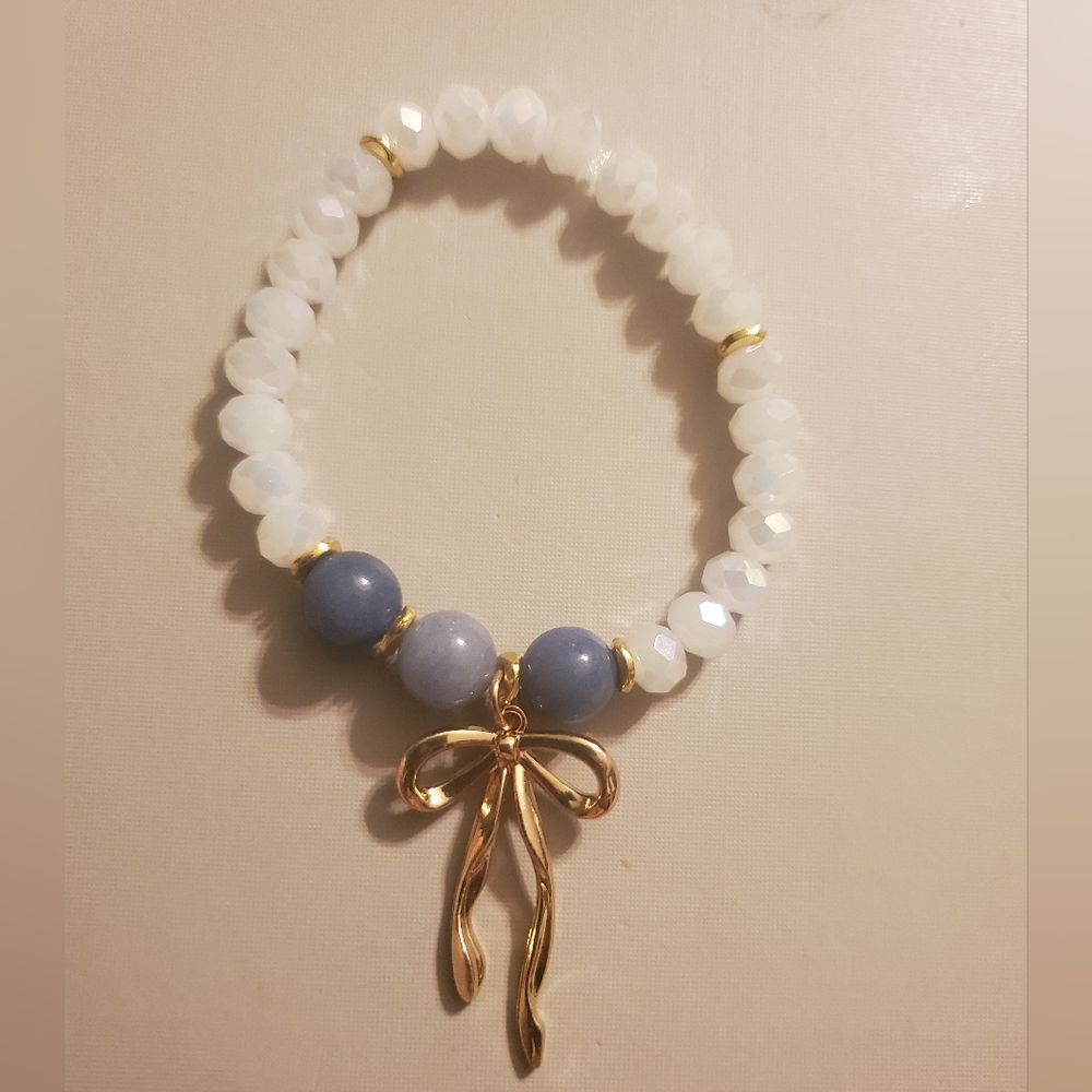 Handmade, by my daughter. White and Blue Beaded Bracelet w/ Gold Charm